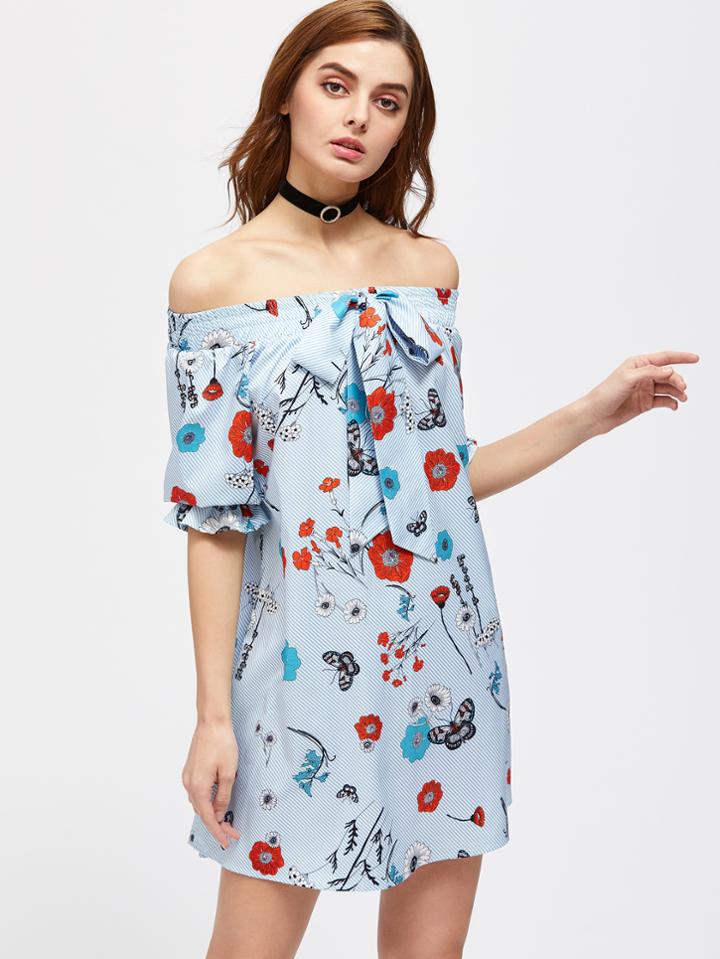 Shein Bardot Frill Sleeve Striped And Floral Bow Front Dress