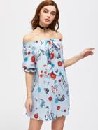 Shein Bardot Frill Sleeve Striped And Floral Bow Front Dress
