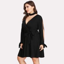 Shein Plus Slit Knot Sleeve Surplice Wrap Dress