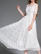 Shein White Boat Neck Embroidered Drawstring Dress