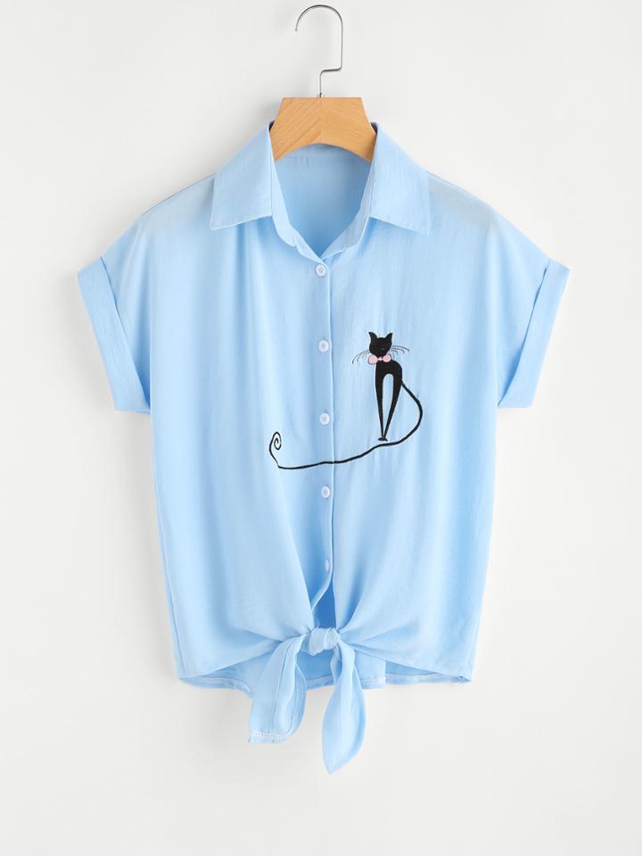 Shein Cat Embroidery Knotted Hem Cuffed Shirt