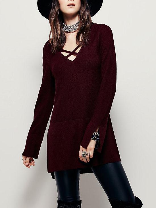 Shein Burgundy V Neck Cross Front Split Sweater