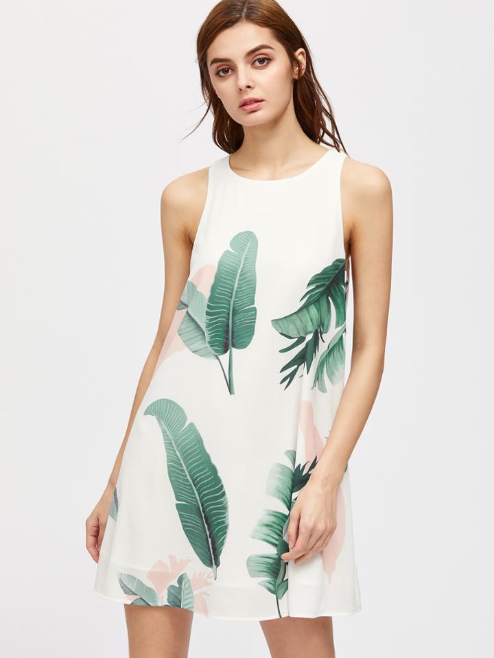 Shein Foliage Print Buttoned Keyhole Back Tank Dress