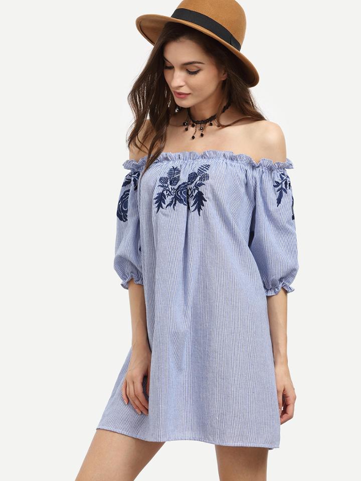 Shein Blue Vertical Striped Embroidered Off The Shoulder Dress