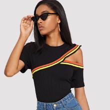 Shein Striped Tape Detail Cutout Ribbed Tee