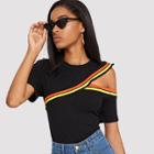 Shein Striped Tape Detail Cutout Ribbed Tee