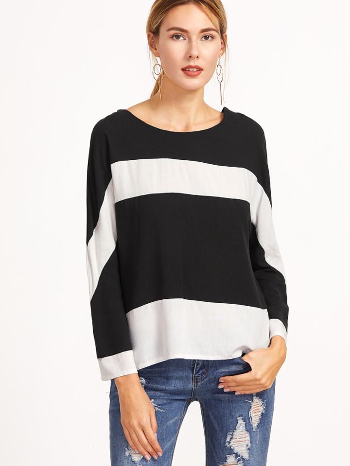 Shein Black And White Striped Tie Back Blouse