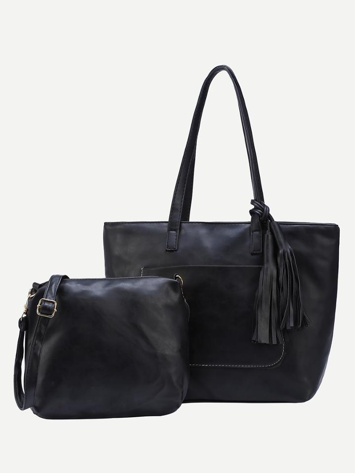 Shein Tassel Embellished Tote With Crossbody Bag - Black