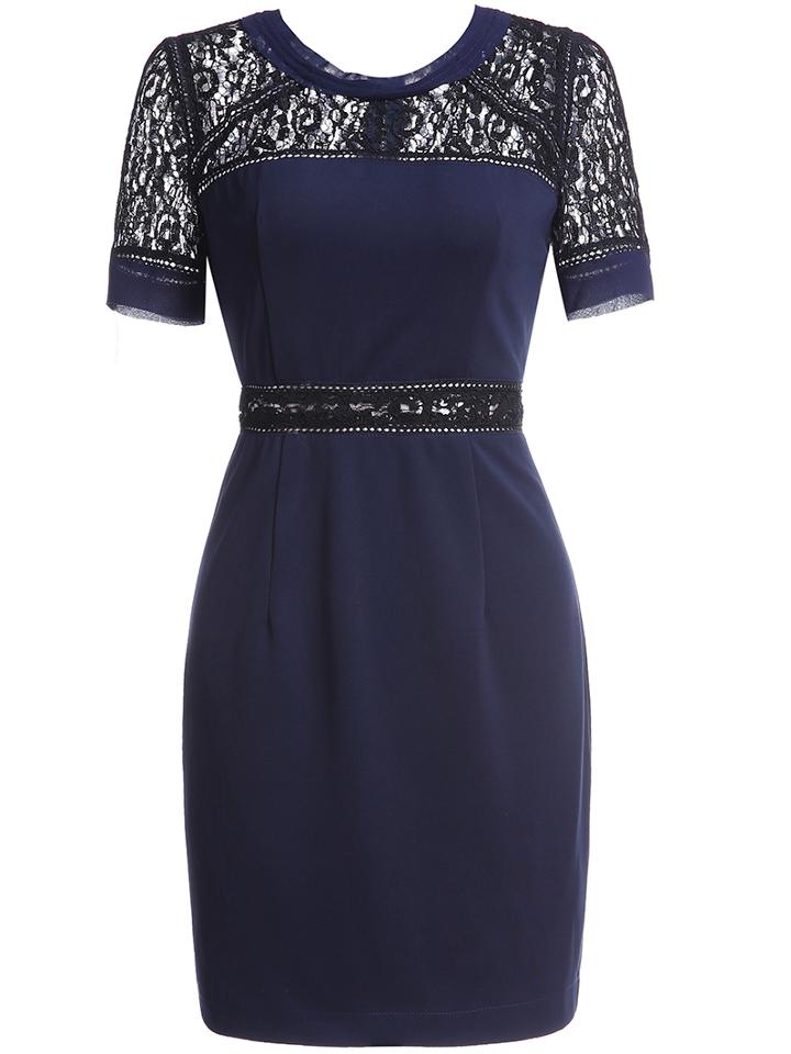 Shein Navy Round Neck Short Sleeve Contrast Lace Dress