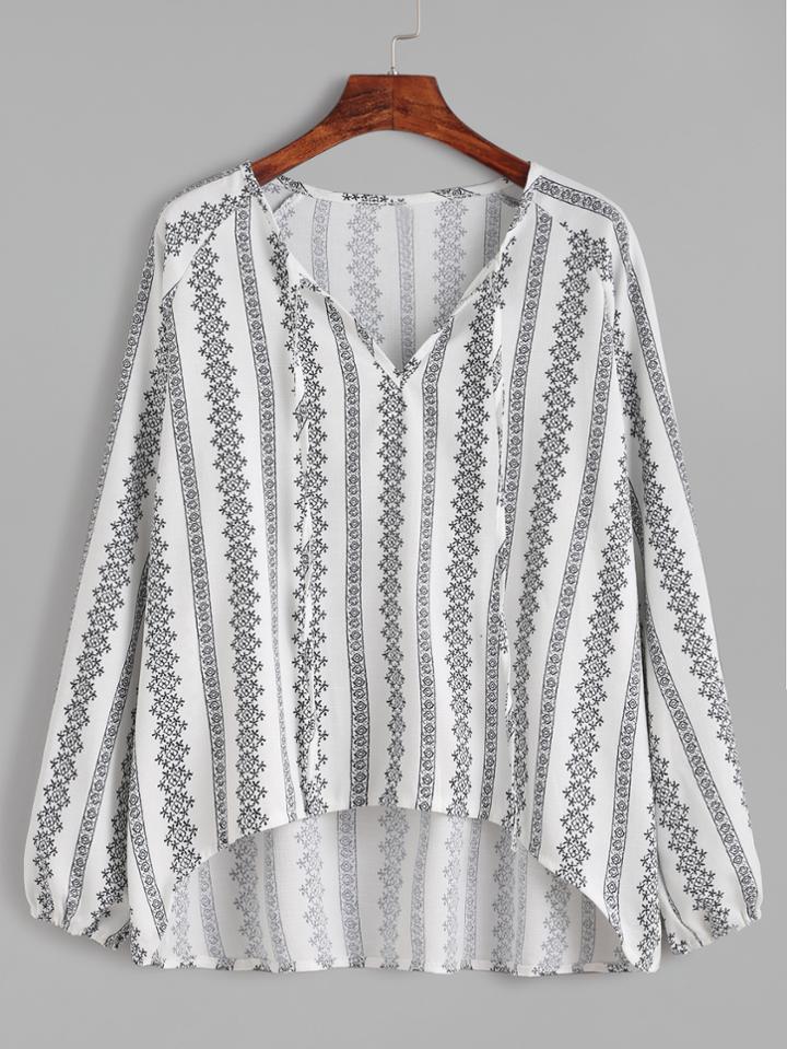 Shein Contrast Print Tie Neck Dip Hem Blouse