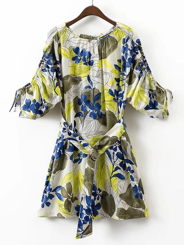 Shein Boat Neckline Tie Cuff Floral Dress With Self Tie