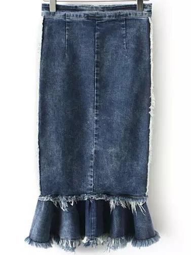 Shein Navy Slim Fringe Fishtail Denim Skirt