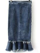 Shein Navy Slim Fringe Fishtail Denim Skirt