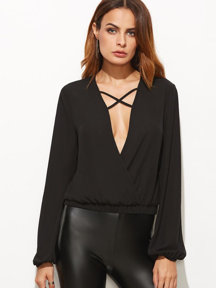 Shein Black Crisscross Plunge Neck Surplice Blouse