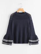 Shein Eyelet Yoke Layered Striped Bell Sleeve Jumper