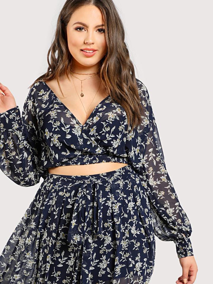 Shein Ditsy Print Surplice Wrap Blouse
