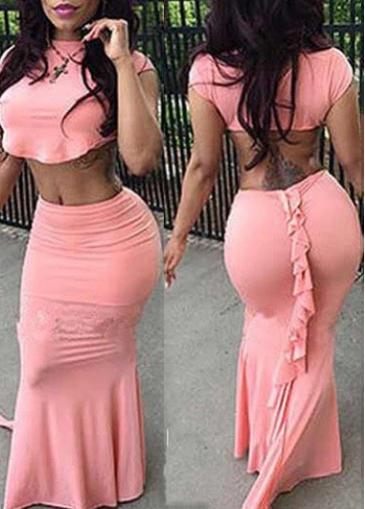 Rosewe Pink Two Pieces Cap Sleeve Top And Skirt