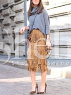 Shein Khaki High Waist Fringe Skirt