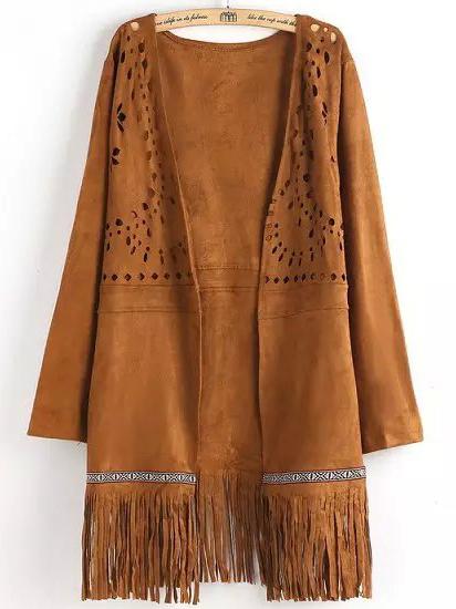 Shein Khaki Long Sleeve Hollow Tassel Coat