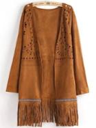 Shein Khaki Long Sleeve Hollow Tassel Coat