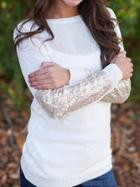 Shein White Round Neck Sequined Loose Knitwear