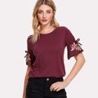 Shein Bow Tied Detail Embroidery Sleeve Tee