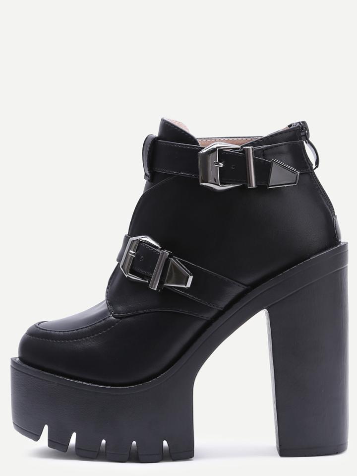 Shein Black Buckle Strap Platform Pu Heeled Ankle Boots