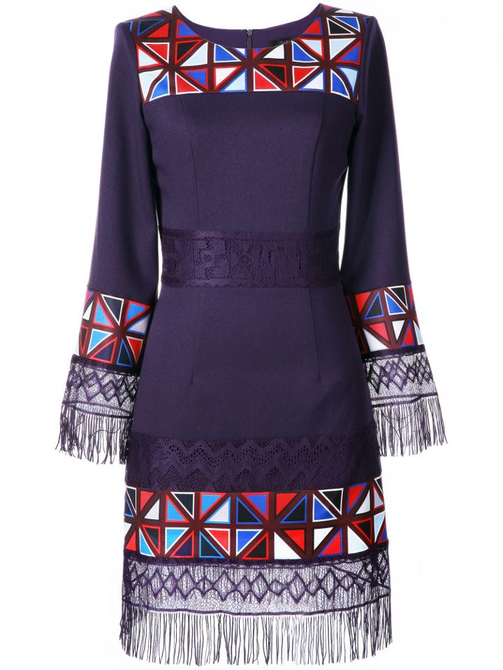 Shein Purple Fringe Print Contrast Lace Dress