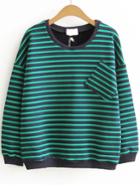 Shein Green Striped Contrast Trim Sweatshirt With Pocket