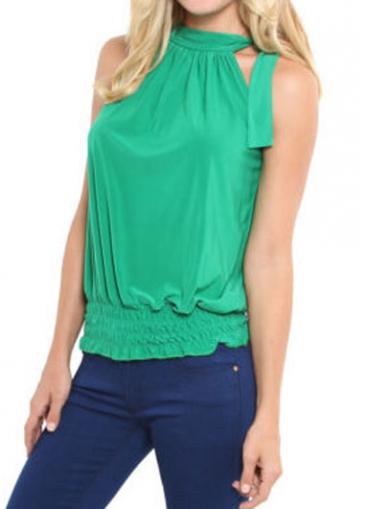 Rosewe Green Elastic Hem Bowtie Embellished Top