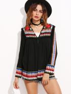 Shein Embroidered Tassel Tie Front Blouse
