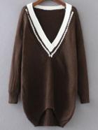 Shein Coffee Contrast V Neck High Low Sweater