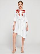 Shein Embroidered Flower Patch Bell Sleeve Self Tie Dress