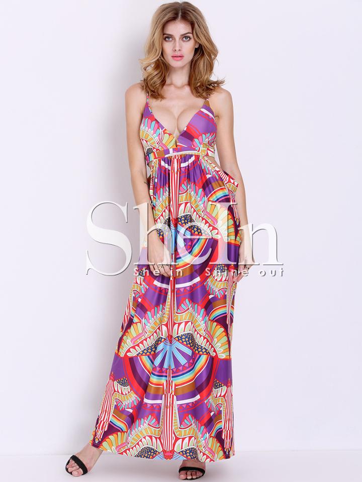 Shein Multicolor Spaghetti Strap Cut Out Great Geometric Print Maxi Dress
