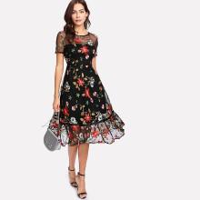 Shein Botanical Embroidery Mesh Overlay Ruffle Hem Dress