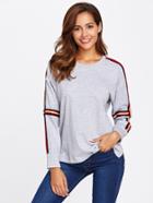 Shein Striped Tape Detail Dip Hem Heathered Pullover