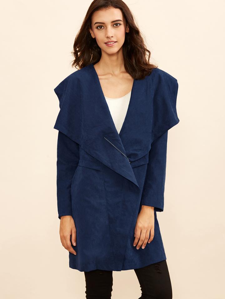 Shein Navy Drape Collar Asymmetric Zip Hooded Coat
