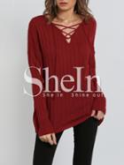 Shein Red Long Sleeve Lace Up Sweater