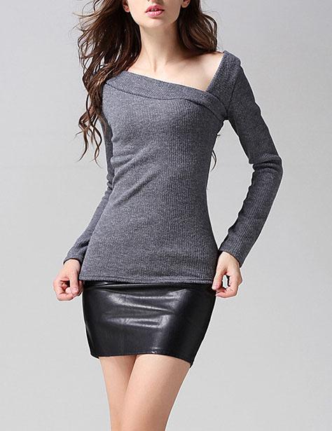 Shein Women Grey Oblique Shoulder Ribbed Sweater