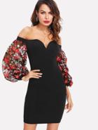 Shein Embroidered Mesh Sleeve Sweetheart Bardot Dress