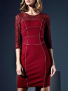 Shein Wine Red Round Neck Length Sleeve Contrast Lace Dress