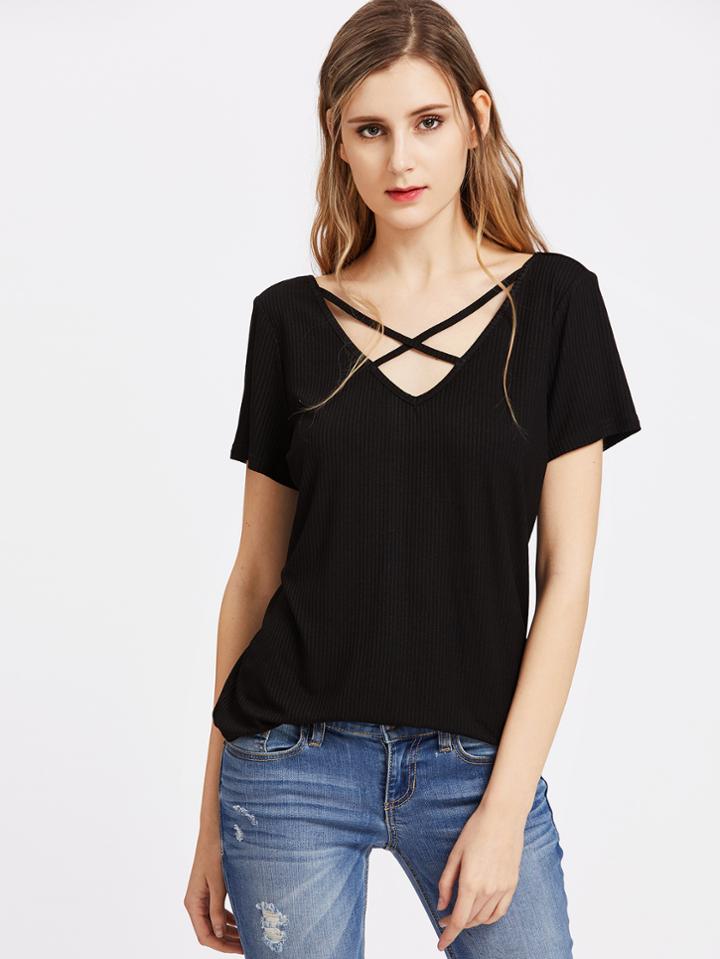 Shein Crisscross Double V Neck Ribbed Tee