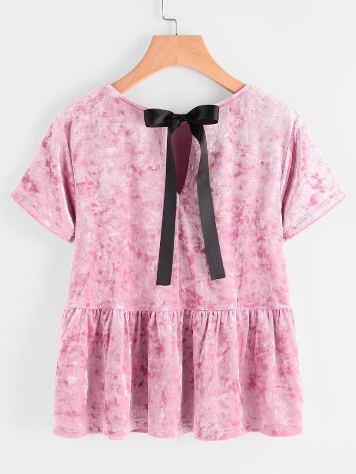 Shein Keyhole Tie Back Tiered Crushed Velvet Top