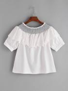 Shein White Boat Neck Embroidered Eyelet Ruffle Trim Top