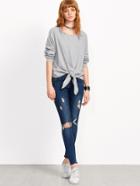 Shein Grey Knotted Front Long Sleeve Sweatshirt