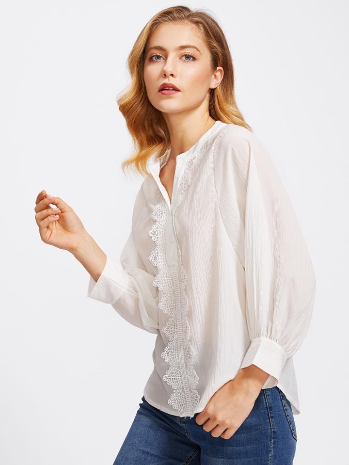 Shein Crochet Trim Bishop Sleeve Curved Hem Blouse