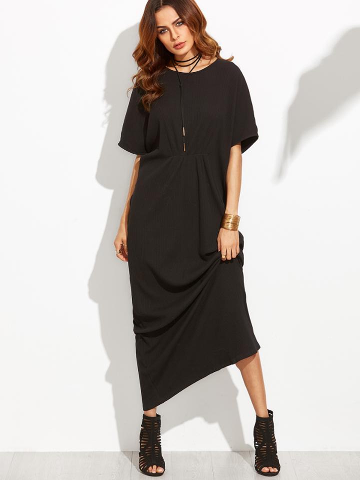 Shein Black Ruched Waist Ribbed Maxi Dress