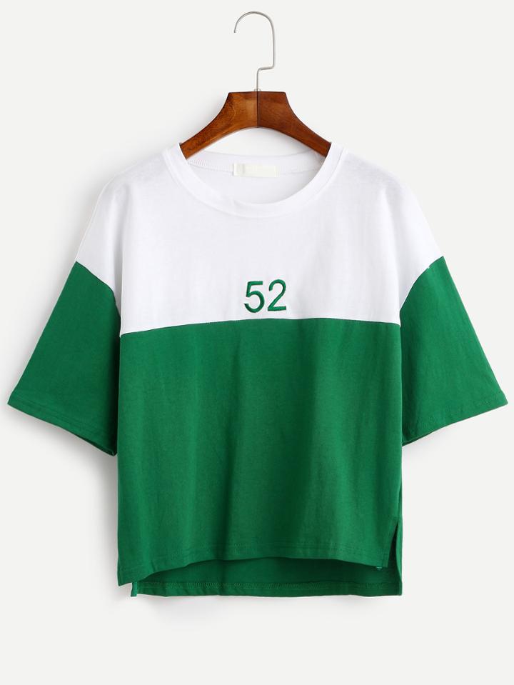 Shein Color Block Number Embroidered T-shirt