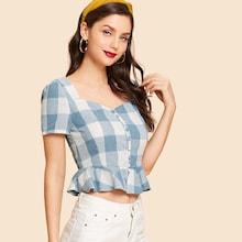 Shein Button Up Ruffle Hem Plaid Blouse