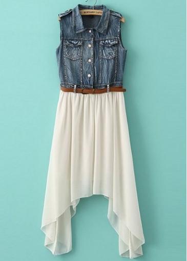 Rosewe Latest Belt Decoration Turndown Collar Button Fly Denim Dress